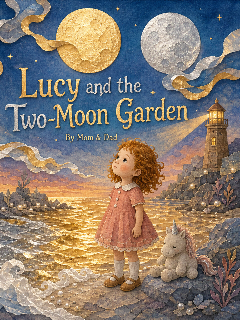 Cover of Lucy and the Two-Moon Garden, a custom Sundayfawn book made for lucy, age 3.