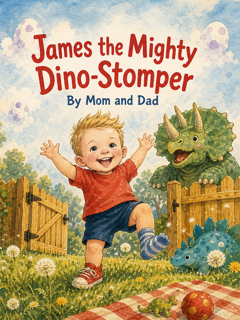 Cover of James the Mighty Dino-Stomper, a custom Sundayfawn book made for james, age 2.