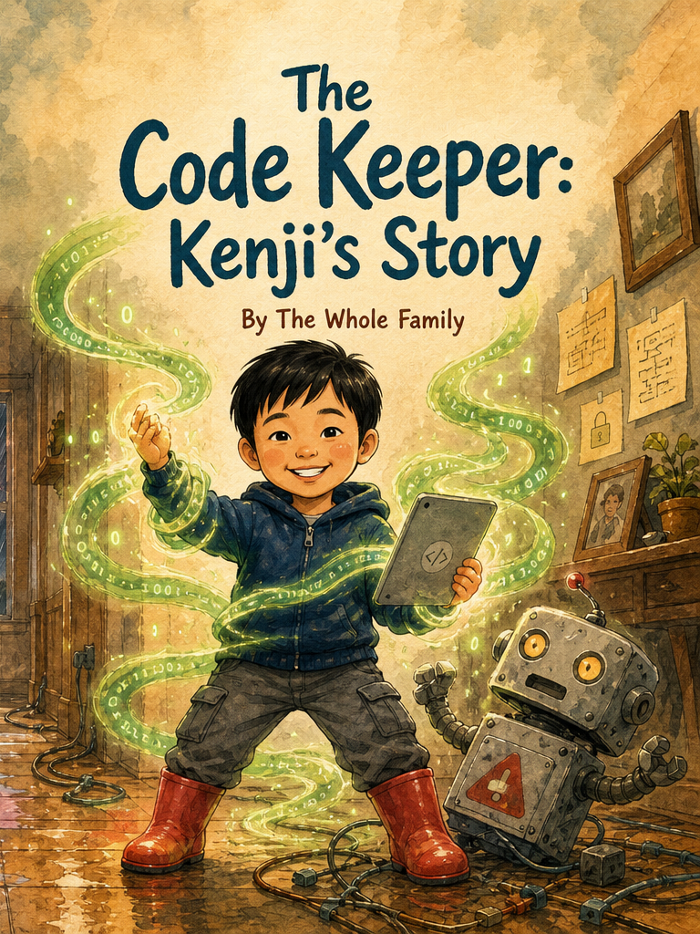 Cover of The Code Keeper: Kenji's Story, a custom Sundayfawn book made for kenji, age 4.