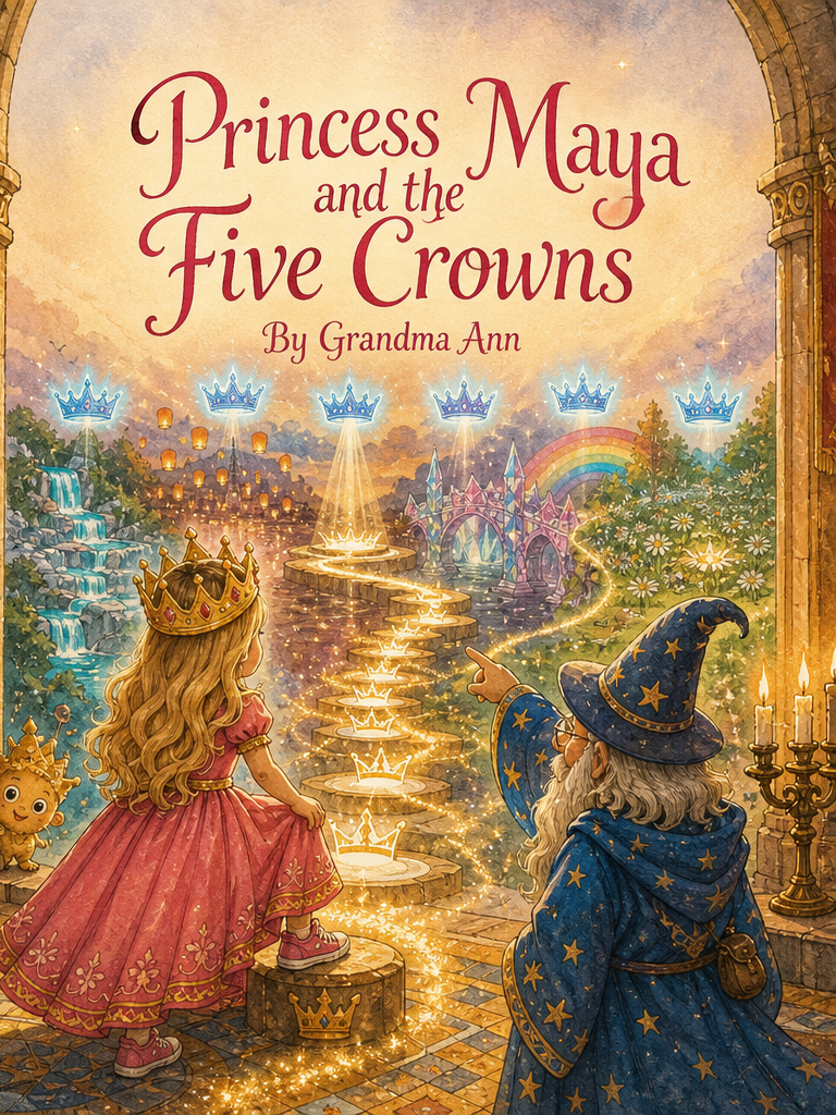 Cover of Princess Maya and the Five Crowns, a custom Sundayfawn book made for maya, age 5.