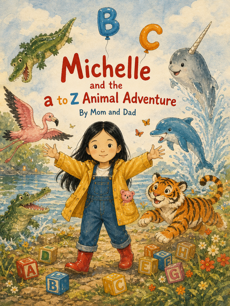 Cover of Michelle and the a to Z Animal Adventure, a custom Sundayfawn book made for michelle, age 2.