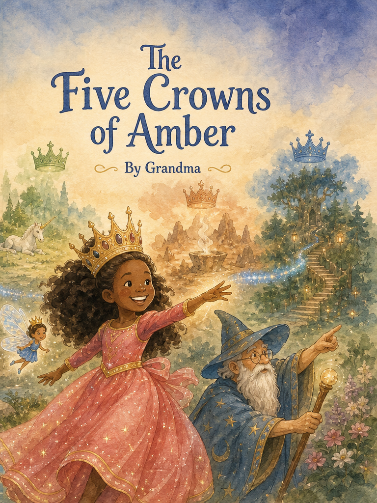 Cover of The Five Crowns of Amber, a custom Sundayfawn book made for amber, age 8.