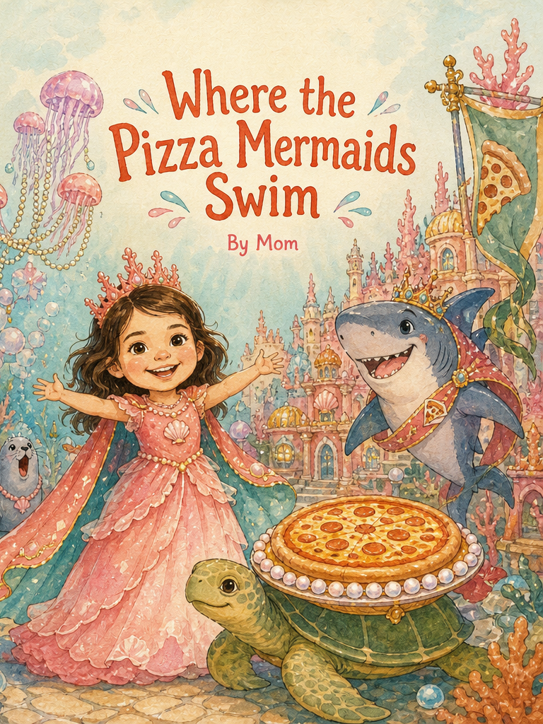 Cover of Where the Pizza Mermaids Swim, a custom Sundayfawn book made for rebecca, age 5.