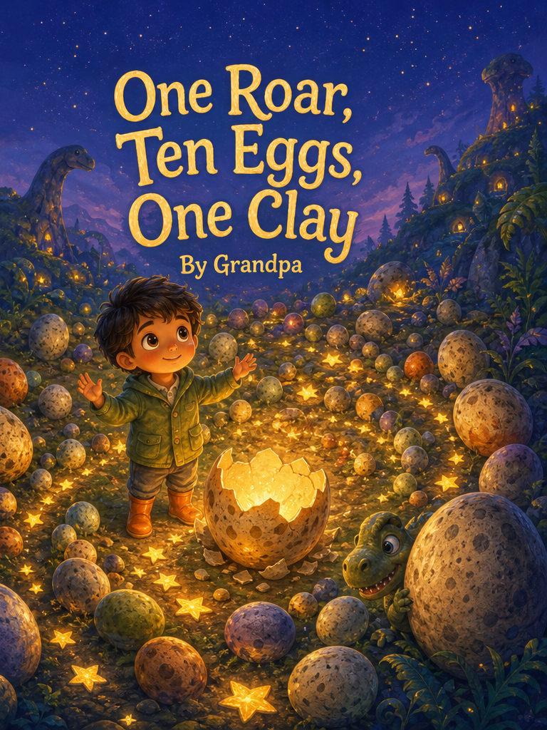 Cover of One Roar, Ten Eggs, One Clay, a custom Sundayfawn book made for clay, age 3.